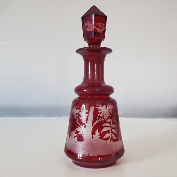 Other - Bohemian Czech Ruby Red Cut to Clear Glass Decanter with Stopper
